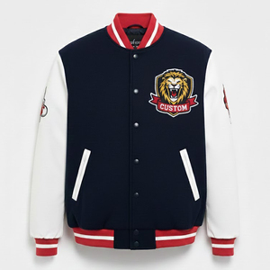 Chaqueta Universitaria Azul Rey Personalizada SHY SPORTS, Chaqueta Bomber con Parches de León Rugiente, Puños con Rayas, Unisex - Product Image 1