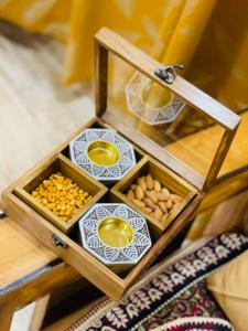 Handmade Polished Solid Wood Square Storage <b>Box</b> and Diwali <b>Hamper</b> with Divided Compartments for Nuts and 2-T Light Candle Holder - Product Image 3