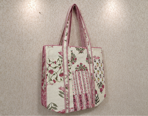 Premium <b>White</b> Floral Patchwork Tote <b>Bag</b> for Women Handmade Quilted Cotton Market Shopper Wholesale Bulk Supplier - Product Image 2