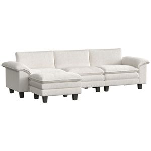 Divano Componibile a L Beige con Seduta Profonda, Pouf Mobile e Braccioli Imbottiti per Soggiorno - Product Image 1