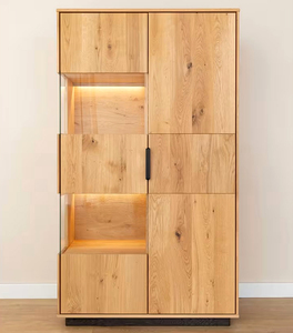 Buffet moderne en bois massif, écologique et durable, avec panneaux surélevés, découpes géométriques, vitrine à panneaux de verre, 5 pieds+, pour salon - Product Image 3