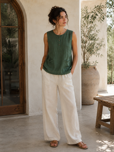 Women <b>Linen</b> Cotton Solid Woven Sleeveless Shirt Loose Fit Henley Tank Summer Casual Pullover with Side Pockets - Product Image 1