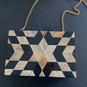 Wood Pattern Resin Clutch Bag Artistic Geometric Design <b>Gold</b> Chain Handle Fashion Statement Accessory - Product Image 1