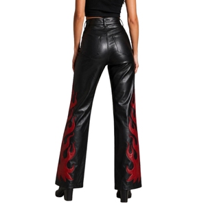 Pantalones de cuero con estampado de llamas en negro y rojo para mujer, pantalones acampanados de cuero de oveja de cintura alta, pantalones de motociclista, moda Y2K - Product Image 2
