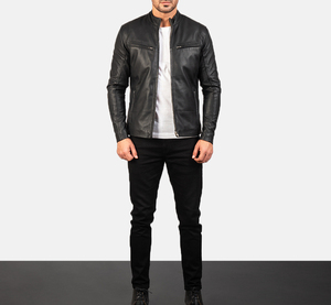 Full Slim Black Real <b>Leather</b> Winter <b>Jacket</b> with Front and Side Pockets <b>Men</b> Stand Collar Biker Soft Zipper Windproof Eco-Friendly - Product Image 1