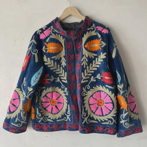 Blue Embroidered Suzani Velvet Short Jacket Statement Outerwear Coat Velvet Blazer Unisex Jacket Gift For <b>Wife</b> Bridal Jacket - Product Image 1