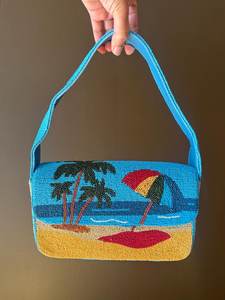 Beaded Beach Scene Handbag – Summer Coastal Purse with Palm <b>Trees</b> & Umbrella Design - Product Image 3