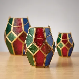 Artisan Design Tapered Glass <b>Lantern</b> with Embossed Red Green Blue Panels <b>Gold</b> Frame Handmade Irregular Shape Home Decoration - Product Image 2