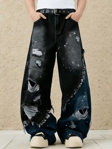 Pantalones Vaqueros Clásicos para Hombre en Negro y Azul con Diseño de Pierna Ancha y Holgada con Detalles Desgastados para Todo Tipo de Cuerpo - Product Image 2