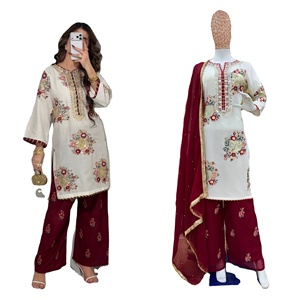 OFERTA ESPECIAL DE FESTIVAL: Tela de Georgette Sintética con Lentejuelas y Bordado, Kurti Tradicional, Dupatta y Pantalón con Bordado para Fiesta - Product Image 1