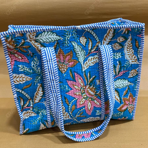 Handcrafted Quilted Blue Floral Tote <b>Bag</b> Printed Fabric Shoulder Handbag <b>Lightweight</b> Everyday Carry Designer Shopping <b>Bag</b> - Product Image 1