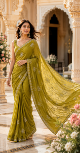 Sari en organza vert olive élégant, brodé, pour mariage indien, en soie, pour femmes, tenue de fête pakistanaise, sari de mariée, vente en gros - Product Image 5