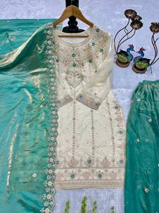 Elegante Conjunto Kurti Palazzo Bordado en Blanco y Verde Mar con Dupatta para Mujer – Traje Salwar Estilo Pakistaní para Fiestas - Product Image 5
