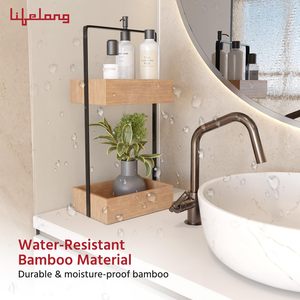 Wooden Double Tier <b>Storage</b> Rack With Metal Frame Minimalist Bathroom Organizer For <b>Toiletries</b> And Sundries Standing Type - Product Image 2