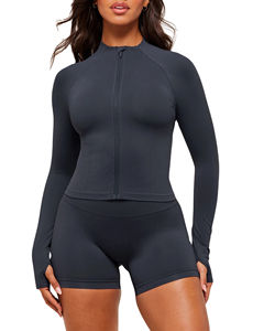 Veste de yoga pour femmes en gros, coupe en V, fermeture éclair intégrale, poches sécurisées, trous pour pouces sur le devant, coupe régulière, respirante, extensible dans quatre directions - Product Image 1