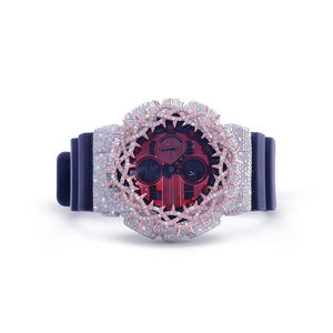 Montre exclusive en moissanite et diamant avec boîtier en argent sterling, cadran analogique demi-trône glacé, verre, bracelet en caoutchouc bleu 20 mm - Product Image 3