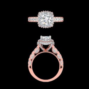 Elegante anillo de compromiso con halo de diamantes redondos de talla brillante en oro rosa de 14k y 18k con tallo de estilo vintage adornado con pavé. - Product Image 1