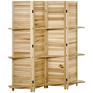 Divisorio Portatile a 4 Pannelli da 5,5 Piedi in Legno Naturale di Paulownia con Materiale in Carta e Mensole - Product Image 1