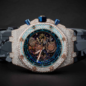 Reloj Cronógrafo Iced Out con Moissanita para Hombre, Esfera Esqueleto en Oro Rosa, Correa de Goma Camuflada de Lujo Estilo Hip Hop - Product Image 1