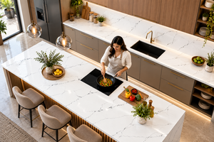 Magnifique dalle de quartz en marbre synthétique Bianco Sicilia pour comptoirs de cuisine modernes, carreaux de salle de bain et dessus de meuble de luxe - Product Image 3