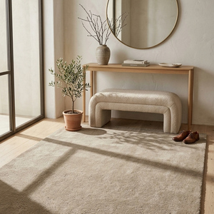 Tapis géométrique élégant en laine beige tufté à la main, à poils épais, pour salon, chambre, salle à manger et décoration intérieure moderne - Product Image 1
