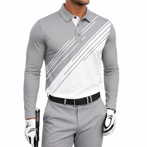 Unisex Gray Three <b>Quarter</b> Sleeve Zipper Closure Lightweight Polo Shirt <b>White</b> Diagonal Stripes Breathable Knitted Golf - Product Image 1