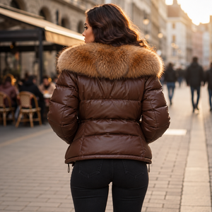 Veste matelassée en cuir véritable à carreaux pour femme, col en fourrure de renard amovible, 85 % duvet, 300g+, fermeture éclair, coupe-vent d'hiver, fine - Product Image 2