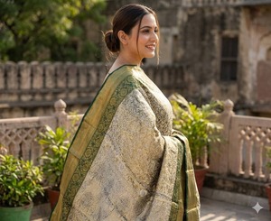 Sari de Seda Banarasi de Lujo con Bordado Zari, Sari Tradicional Indio para Bodas, Sari de Diseño Étnico para Fiestas - Product Image 3