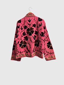 Veste en velours rose à manches longues, taille plus, broderie florale, col mandarin, vêtements d'automne pour femmes - Product Image 2