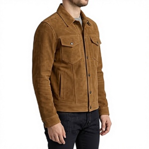 <b>mens</b> camel <b>suede</b> trucker <b>jacket</b> premium leather <b>jacket</b> slim fit classic button closure flap pockets stylish winter fashion rugge - Product Image 4