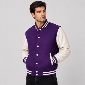 Veste de sport rose pour homme avec manches en cuir PU crème, coupe classique, fermeture à boutons, style preppy, vêtement d'automne - Product Image 5