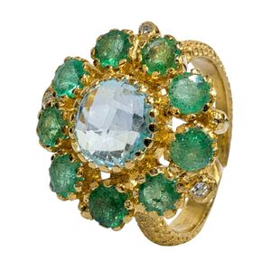 Bague Gemvanity SR1467 plaquée or 14 carats, style bouddhiste tibétain, luxe classique, sertissage en canal, topaze bleue taille brillant et émeraude - Product Image 1