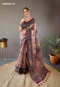 Party Wear Best Quality Cotton with Weaving & Multi-Digital Kalamkari Prints <b>Saree</b>-<b>Blouse</b> Collection Online Shopping India - Product Image 6