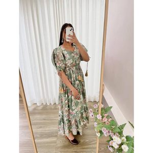 DISEÑADOR ROMAN SEDA ESTAMPADO FLAIRED PUFF MANGA TRABAJO VESTIDO VERDE - Product Image 1