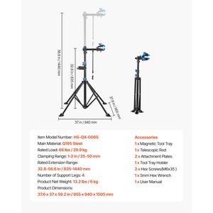 Soporte de Reparación de Bicicletas Resistente de 66 lb, Altura Ajustable de 32.8 a 56.6 Pulgadas con Bandeja Magnética para Herramientas, Modelo Plegable D0100X3RU22 - Product Image 3