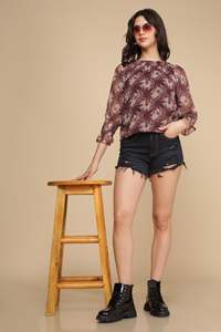 Haut en mousseline à volants épaules dénudées, imprimé tropical, manches courtes, coupe ample, décontracté, respirant, pour femme, été - Product Image 1