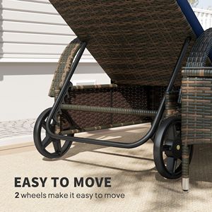 Set Moderno di Chaise Longue in Vimini per Patio con 2 Tavolini, Cuscini Blu Scuro, Poggiatesta, Schienale Regolabile, Ruote e Struttura in Metallo Resistente - Product Image 6