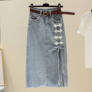 Falda midi de corte A, falda ajustada con abertura y cuentas de cintura alta para primavera y verano. - Product Image 1