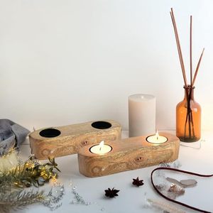 Rustic Wooden Double <b>Tealight</b> Candle <b>Holder</b> Handmade Natural Wood Tea Light Stand Home Table Decor - Product Image 4