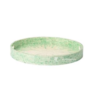 Bandeja de Servir Redonda con Incrustaciones de Madreperla, Hecha en Vietnam, de Lujo, Color Verde Menta, con Mosaico de Conchas Solares, Plato Decorativo - Product Image 3
