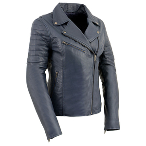 Women's Gray Genuine Leather Biker Jacket with Asymmetrical Zipper, Quilted Sleeves and Lapel Collar for Fashion Wear Wholesale - Product Image 3
