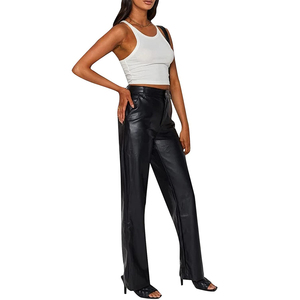 Pantalones de Cuero para Mujer, Color Sólido, Cintura Alta, Pierna Recta, Estilo Vintage de los 90, Pantalones de Calle con Bolsillos - Product Image 2