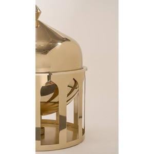 Stunning Metal Gold Finish Chafing Dish Featured Inside An Architectural Arch Cutout <b>Stand</b> With Pointed Dome Lid Used In Wedding - Product Image 5