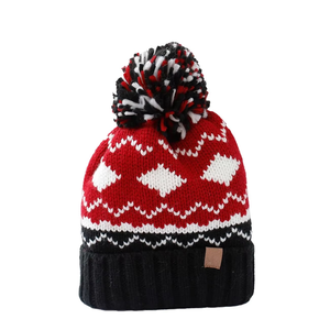 Bonnet en tricot unisexe rouge, blanc et noir à motif Argyle avec pompon, bonnet d'hiver chaud, style décontracté pour adultes - Product Image 4