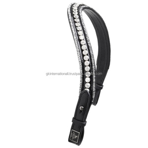 Bandeau de tête pour cheval en cuir noir rembourré, décoré de cristaux brillants, de strass et de perles, avec logo personnalisé, pour bride anglaise. - Product Image 2