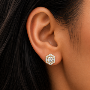 Boucles d'oreilles clous hexagonales avec halo de diamants de laboratoire certifiés IGI de 1 carat chacun, en or 14K 18K, boucles d'oreilles rondes en diamant, vente en gros - Product Image 2