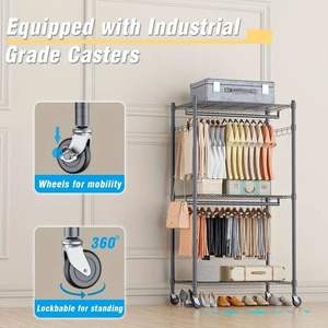 Heavy Duty nero 35,4x17,13 x 70,87in 3 livelli di rotolamento porta indumenti in acciaio al carbonio ruote di chiusura per armadio doppie aste sospese - Product Image 3