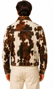 brown and white hair-on cowhide <b>western</b>-style trucker <b>jacket</b> - Product Image 2