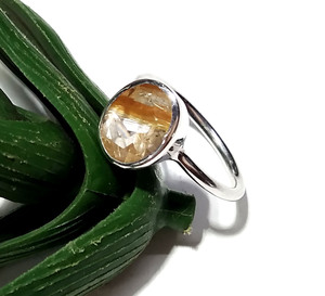 Natural Golden Rutilated <b>Quartz</b> <b>Ring</b> 925 Sterling Silver Faceted Gemstone Round Bezel Set Minimalist Style Unisex Jewelry - Product Image 3