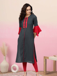 Kurta recta de algodón gris azulado para mujer con diseño de espejo, mangas acampanadas y cuello redondo, estilo étnico global informal. - Product Image 4